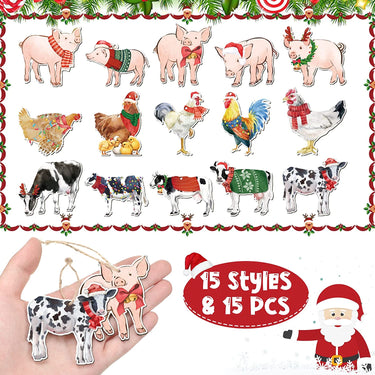 15 Pcs Christmas Ornaments Farm Animal Christmas Ornaments Wooden Farmhouse Theme Pig Cow Rooster Chicken Christmas Hanging Decorations for Christmas Tree Fireplace Home, 15 Styles